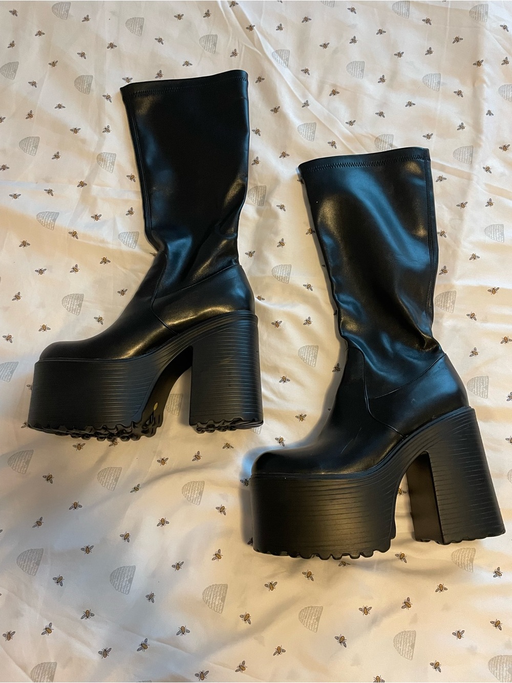Black Platform Chunky Heel Mid-Calf Boots